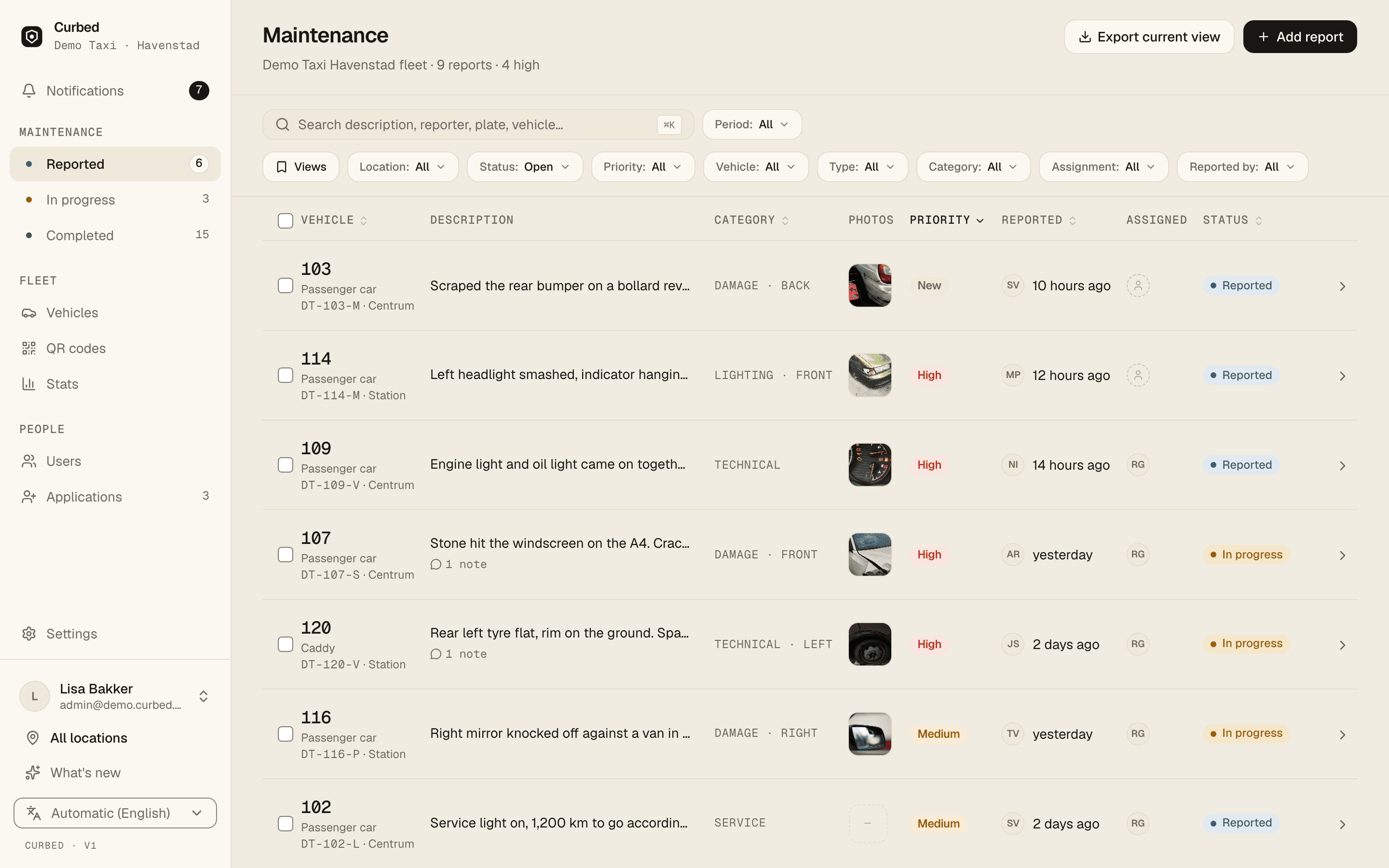 Curbed's maintenance board, showing open damage reports with photos, priority and status