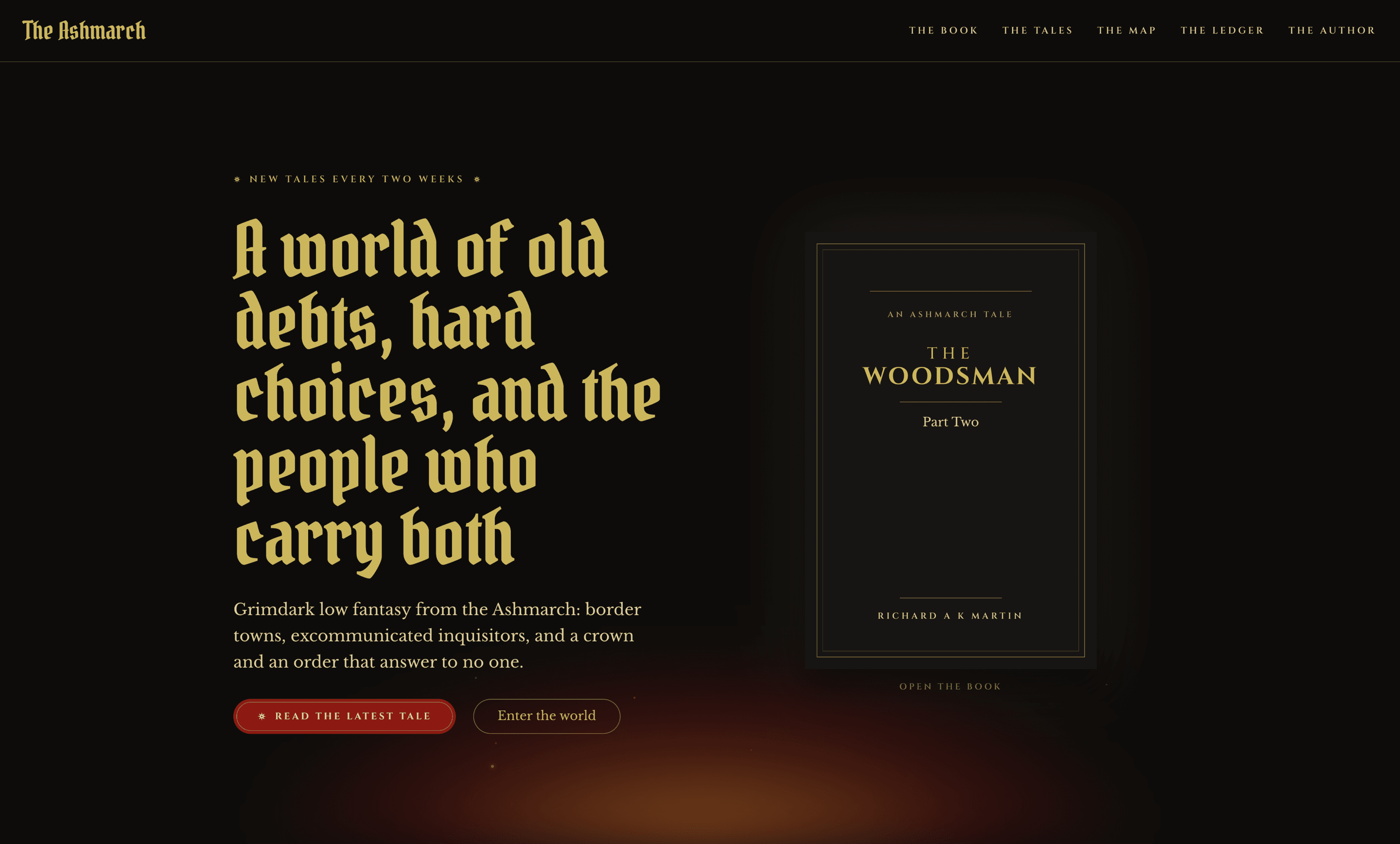 The Ashmarch home page, with a gold blackletter headline, a Woodsman tale cover on the right and a low hearth glow along the bottom